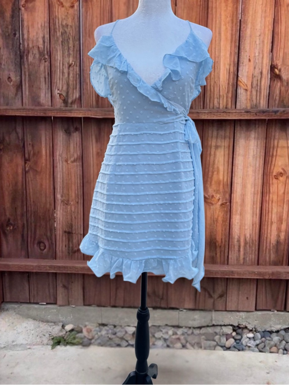Saints + Secrets Light Blue Ruffle Wrap Mini Dress
